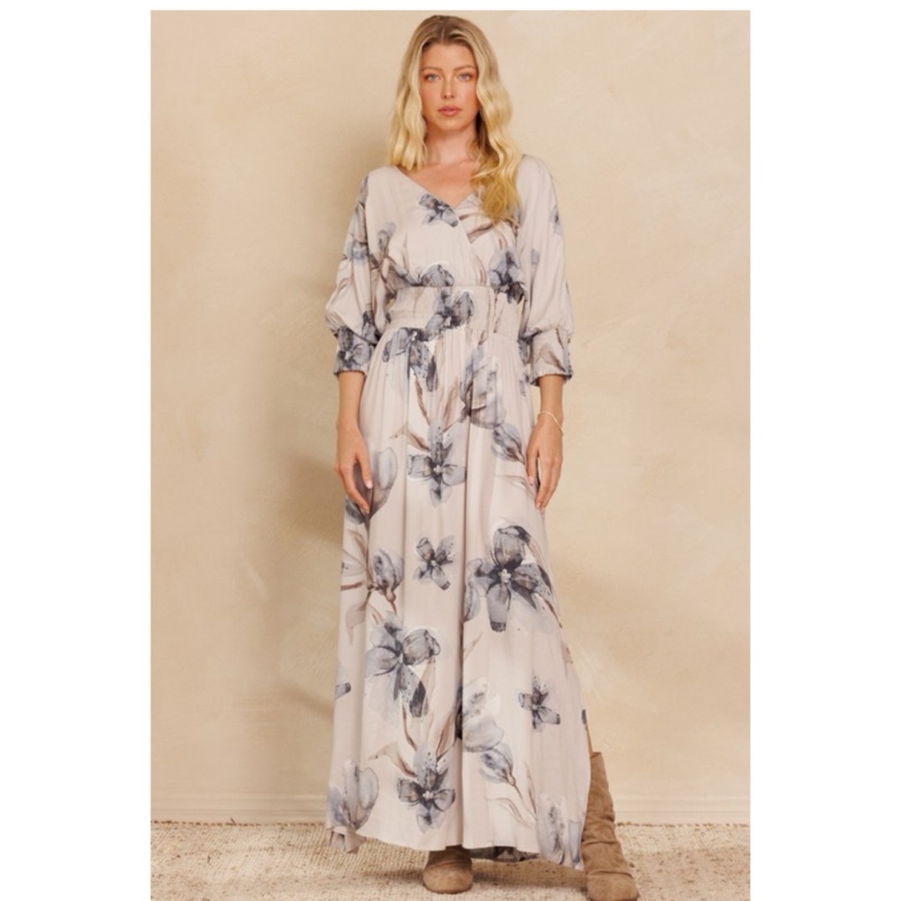 803 - Blush Floral Long Sleeve Maxi Dress - Soft Pink